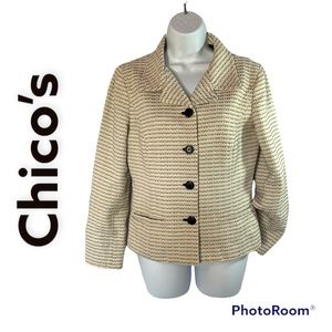 Chico’s women white black stripe blazer coat long sleeve button front Sz small